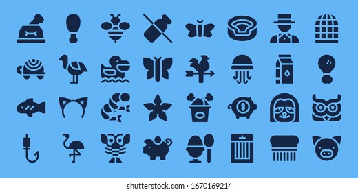 animal icon set. 32 filled animal icons. on blue background style Simple modern icons such as: Dog, Turtle, Fish, Fishing rod, Fried chicken, Ostrich, Headband, Flamingo, Bee