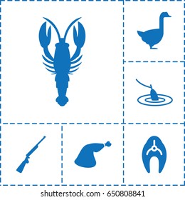 Animal icon. set of 6 animal filled icons such as fish, crab, goose, meat leg, fishing