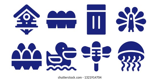 animal icon set. 8 filled animal icons.  Collection Of - Eggs, Bird house, Pelican, Dragonfly, Inflatable, Medusa, Peacock
