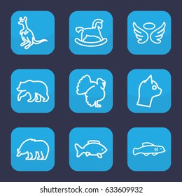 Animal icon. set of 9 outline animal icons such as bear, cangaroo, turkey, horse toy, wings, extinct fish, cat