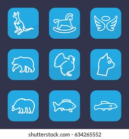 Animal icon. set of 9 outline animal icons such as bear, cangaroo, turkey, horse toy, wings, extinct fish, cat