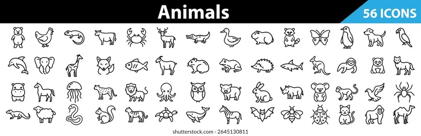 Animal icon set. Bear, Chicken, Lizard, Cow, Crab, Deer, Crocodile, Duck, Hamster, Raccoon, Butterfly, Penguin, Dog, Parrot, Dolphin, Elephant, Giraffe, Fox, Fish, Goat, Hamster, Frog, Hedgehog, Shark