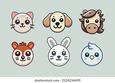 Animal icon set, cat, dog, horse, squirrel, rabbit and bird. For education or World Animal Day design component.