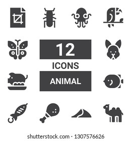 animal icon set. Collection of 12 filled animal icons included Camel, Dune, Chicken leg, Fish, Pork, Rabbit, Beetle, Toucan, Butterfly, Crop, Kraken
