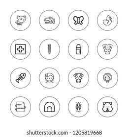 Animal icon set. collection of 16 outline animal icons with bone, chicken, cat, caterpillar, cave, butterfly, feeder, dinosaur, fish, hamster, hospital, herpetarium icons.