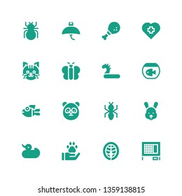 animal icon set. Collection of 16 filled animal icons included Rabbit hutch, Salmon, Pawprint, Duck, Rabbit, Ant, Panda, Fish, Inflatable, Butterfly, Cat, Veterinary, Chicken leg