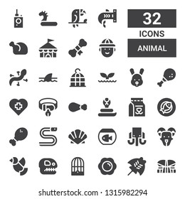 animal icon set. Collection of 32 filled animal icons included Indonesia, Manta ray, Fried egg, Bird cage, Fossil, Dove, Goat, Mammoth, Fish, Scallop, Eel, Chicken leg, Milk, Cobra