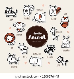 Animal icon set. Collection of hand draw Animal icon doodle style.
