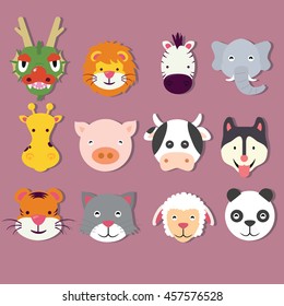 animal icon set faces mask vector cute of dragon lion tiger panda pig elephant sheep cat 