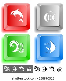 Symbol für Tiere eingestellt. Fisch, Killerwal, Welle. Computerschlüssel. Vektorgrafik.