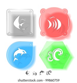 Animal icon set. Fish, Killer whale, wave.  Glass buttons. Vector illustration. Eps10.