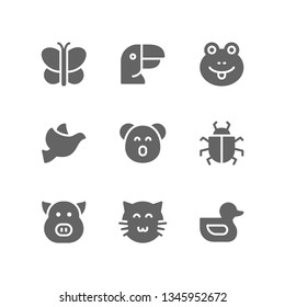 Animal icon set including butterfly, toucan, frog, dove, koala, bug, pig, cat, duck