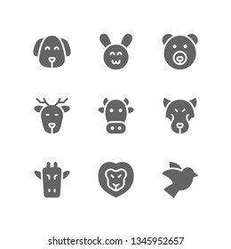 Animal icon set including dog, rabbit, bear, deer, cow, wolf, giraffe, lion, bird
