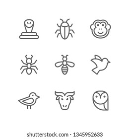 Animal icon set including snake, cockroach, monkey, ant, bee, pigeon, chick, buffalo, owl