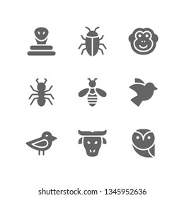 Animal icon set including snake, cockroach, monkey, ant, bee, pigeon, chick, buffalo, owl