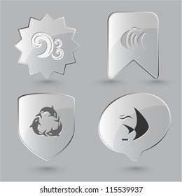 Animal icon set. Killer whale, fish, wave.  Glass buttons.
