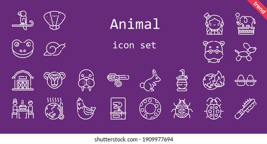 animal icon set. line icon style. animal related icons such as eggs, snail, monkey, collar, seashell, snake, ladybug, korean, float, hen, hippopotamus, global warming, frog, walrus, barn