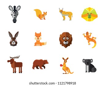Animal Icon Set. Lynx Lizard Fox Hare Head Bear Koala Lion Face Red Squirrel Brown Moose Yak Kangaroo Boxer Mandrill Head Zebra Head