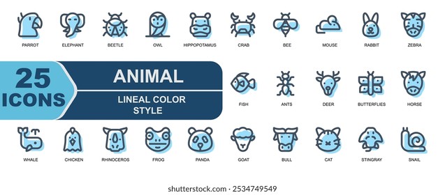 Conjunto de iconos de animales. Estilo de icono moderno Color lineal. Contiene gato, raya, caracol, pollo, aves, rinoceronte, roedor, conejo, cebra, elefante, marfil.