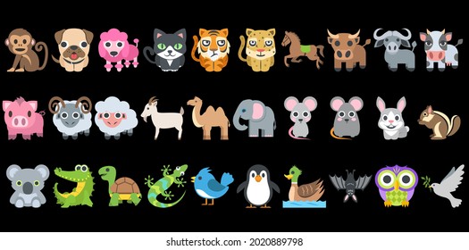  conjunto de iconos de animales . mono, perro, gato, tigre, chita, caballo, toro, vaca, búfalo, bisonte, cerdo, cabra, oveja, camello, elefante, ratón, ratón, conejo, ardilla, koala, cocodrilo, lagarto, tortuga.