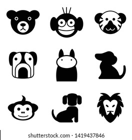 Animal icon set - Monkey, panda, tiger, dog, cat, lion black monochrome icon in white background.- vector