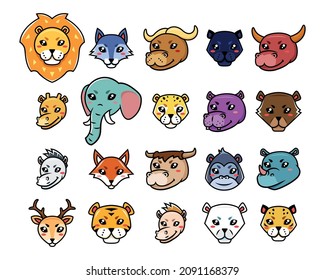 ANIMAL ICON VECTOR - lion, wolf, buffalo, black panther, bull, giraffe, elephant, cheetah, hippopotamus, bear, zebra, fox, bison, gorilla, rhino, deer, tiger, horse, polar bear, leopard - EPS10 Vector
