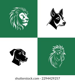 Animal icon-illustration set. Vector graphics silhouette, dog, lion and chicken