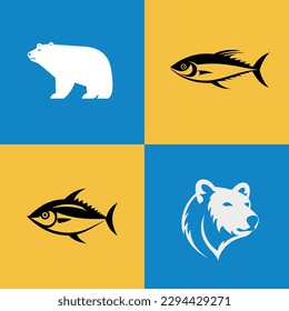 Animal icon-illustration set. Vector graphics silhouette, polar bear and tuna
