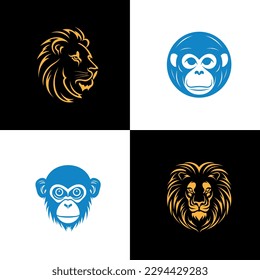 Animal icon-illustration set. Vector graphics silhouette, monkey and lion