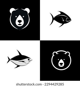 Animal icon-illustration set. Vector graphics silhouette, bear and tuna