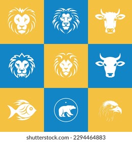 Animal icon-illustration set. Vector graphics silhouette, lions, cow, eagle, fish and bear