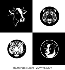 Animal icon-illustration set. Vector graphics silhouette tigers, cow and dog
