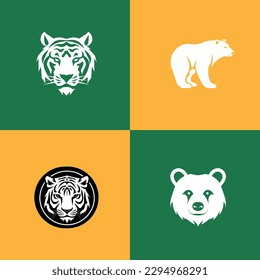 Animal icon-illustration set. Vector graphics silhouette tigers and bears