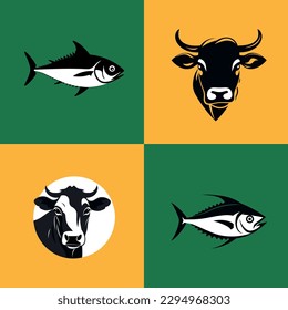 Animal icon-illustration set. Vector graphics silhouette cows anf fiahes