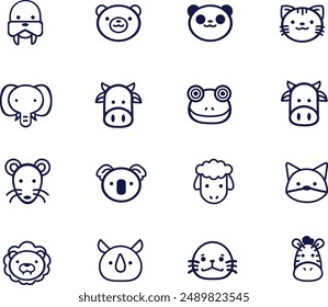 animal icons - a collection of different animals in vector including walrus, bear, panda, cat, elephant, cow, frog, mouse, fox, sheep, koala, rhino, lion, seal, zebra