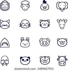 animal icons - a collection of different animals in vector including walrus, bear, panda, cat, pig, monkey, sheep, cock, elephant, cow, fox, tiger seal, rabbit, giraffe, shark