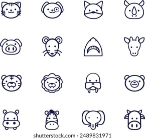 animal icons - a collection of different animals in vector including cat, dog, fox, rhino, mouse, shark, giraffe, tiger, lion, walrus, bear, pig, hippo, zebra, elephant, cow