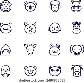 animal icons - a collection of different animals in vector including monkey, koala, sheep, hippo, fox, rhino,  seal, shark, giraffe, rabbit, walrus, bear, panda, zebra, elephant, cow