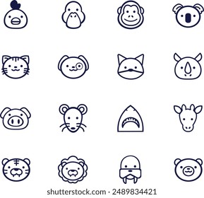 animal icons - a collection of different animals in vector including cock, duck, monkey, koala, cat, dog, fox, rhino,  pig, mouse, shark, giraffe, tiger, lion, walrus, bear