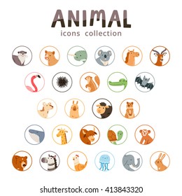 Animal icons collection, set of 26 various animals isolated on white, vector illustration