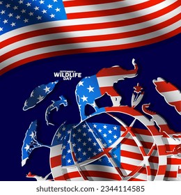 Animal icons with earth icon, American Flag and bold text on dark blue background to commemorate ​National Wildlife Day on September 4