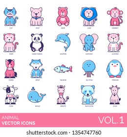 Animal icons including cat, dog, bear, lion, monkey, tiger, giant panda, dolphin, elephant, leopard, horse, wolf, salmon, jellyfish, penguin, cow, whale, giraffe, raccoon, goat.