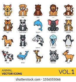 Animal icons including cat, dog, bear, lion, monkey, tiger, giant panda, dolphin, elephant, leopard, horse, wolf, salmon, jellyfish, penguin, cow, whale, giraffe, raccoon, goat.