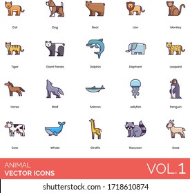 Animal Icons Including Cat, Dog, Bear, Lion, Monkey, Tiger, Giant Panda, Dolphin, Elephant, Leopard, Horse, Wolf, Salmon, Jellyfish, Penguin, Cow, Whale, Giraffe, Raccoon, Goat.