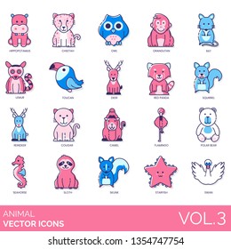 Animal icons including hippopotamus, cheetah, owl, orangutan, rat, lemur, toucan, deer, red panda, squirrel, reindeer, cougar, camel, flamingo, polar bear, seahorse, sloth, skunk, starfish, swan.