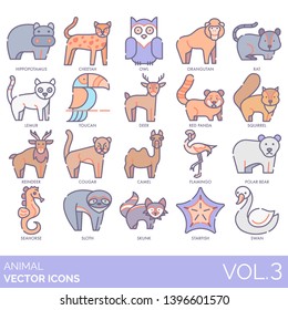 Animal icons including hippopotamus, cheetah, owl, orangutan, rat, lemur, toucan, deer, red panda, squirrel, reindeer, cougar, camel, flamingo, polar bear, seahorse, sloth, skunk, starfish, swan.