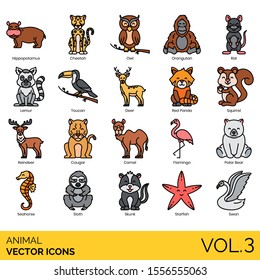 Animal icons including hippopotamus, cheetah, owl, orangutan, rat, lemur, toucan, deer, red panda, squirrel, reindeer, cougar, camel, flamingo, polar bear, seahorse, sloth, skunk, starfish, swan.