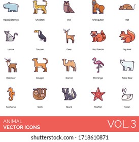 Animal icons including hippopotamus, cheetah, owl, orangutan, rat, lemur, toucan, deer, red panda, squirrel, reindeer, cougar, camel, flamingo, polar bear, seahorse, sloth, skunk, starfish, swan.