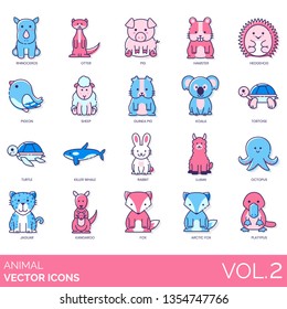 Animal icons including rhinoceros, otter, pig, hamster, hedgehog, pigeon, sheep, guinea, koala, tortoise, turtle, killer whale, rabbit, llama, octopus, jaguar, kangaroo, arctic fox, platypus.