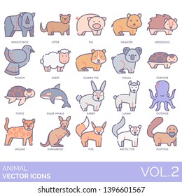 Animal icons including rhinoceros, otter, pig, hamster, hedgehog, pigeon, sheep, guinea, koala, tortoise, turtle, killer whale, rabbit, llama, octopus, jaguar, kangaroo, arctic fox, platypus.